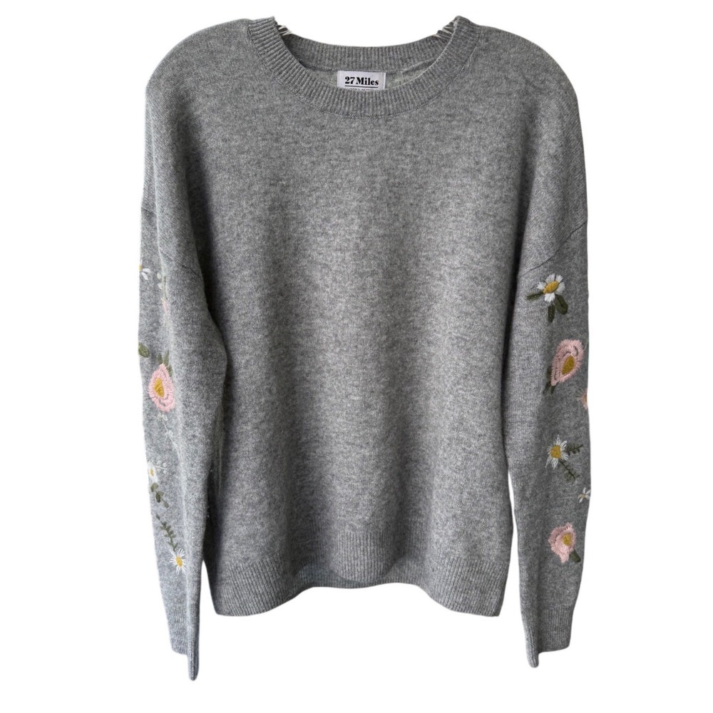 27 Miles Kara Floral Embroidered Cashmere Sweater, Crewneck, Gray, Size Large